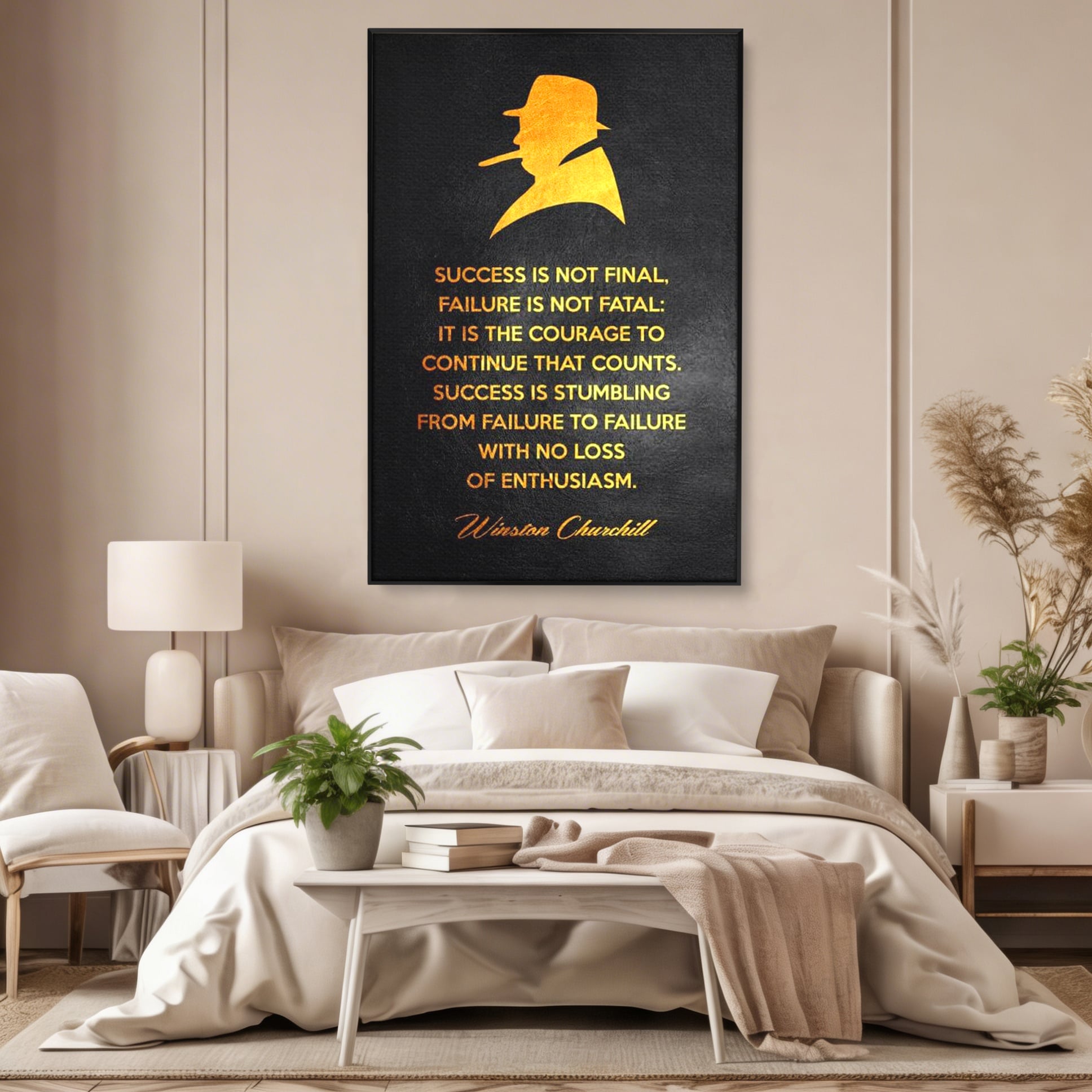 Tablou canvas cu tablou canvas cu winston churchill si citat, in rama de aluminiu negru, pe perete intr-un dormitor